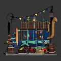 Cartoon Style Food Truck With Colorful Decorations And Lanterns