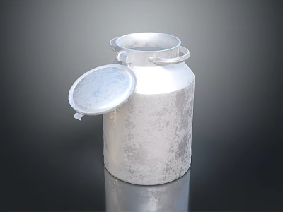 Classic Silver Metal Milk Can With Open Lid On Black Background 3d model