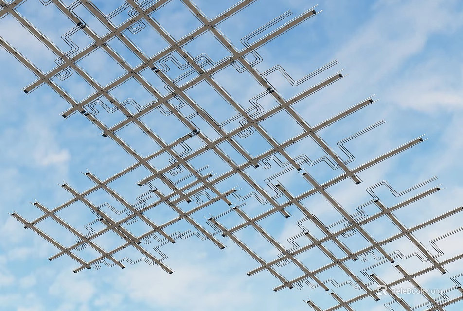 Interconnected Metal Pipes Forming Grid Pattern Against Blue Sky With White Clouds 3d model 