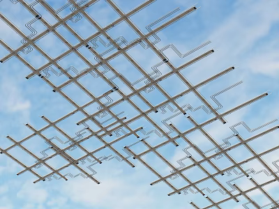 Interconnected Metal Pipes Forming Grid Pattern Against Blue Sky With White Clouds 3d model