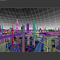 Futuristic City Architecture With Tall Skyscrapers Aerial Bridges And Blue Sky