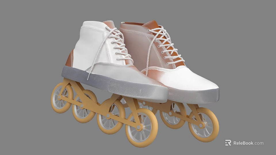 High Top Roller Skates in White and Brown with Classic Style and Wooden Wheels 3d model 