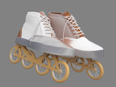 High Top Roller Skates in White and Brown with Classic Style and Wooden Wheels 3d model