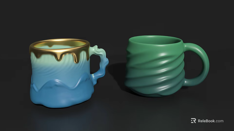 Two Unique Mugs With Blue Green Gradient Gold Rim Wavy Handle And Spiral Texture 3d model 