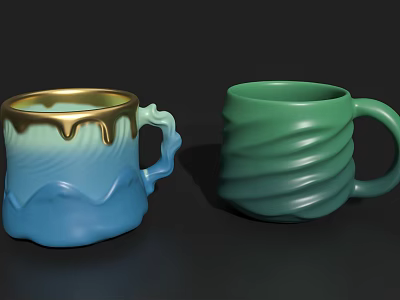 Two Unique Mugs With Blue Green Gradient Gold Rim Wavy Handle And Spiral Texture 3d model