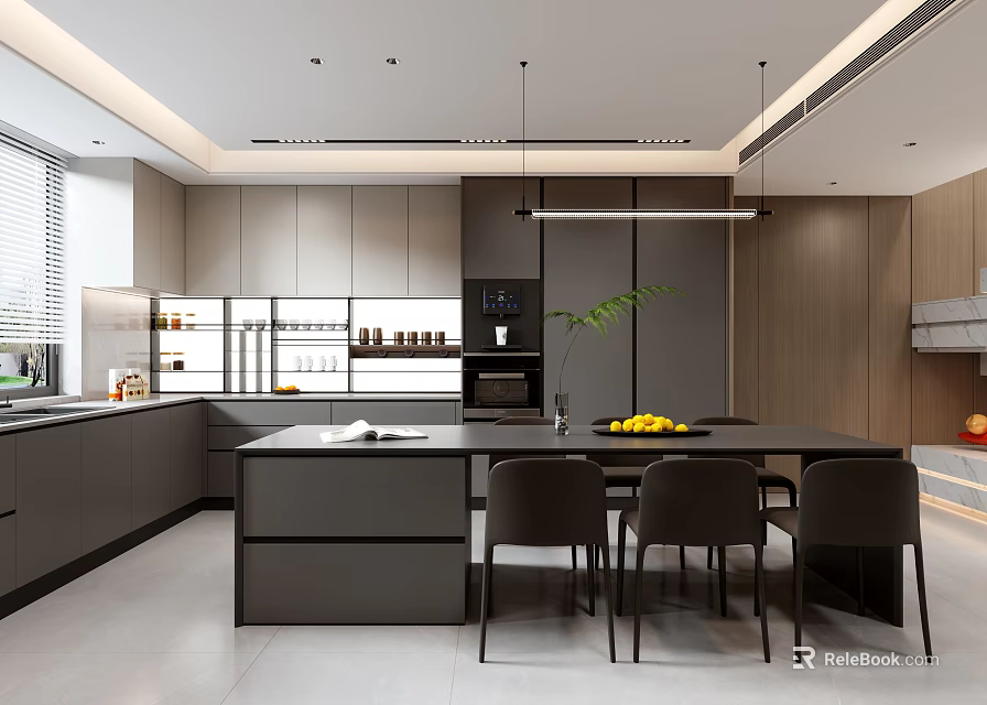 Modern Restaurant Interior Design With Black Island Counter Dining Table And Gray Cabinets 3d model 