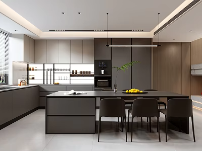 Modern Restaurant Interior Design With Black Island Counter Dining Table And Gray Cabinets 3d model