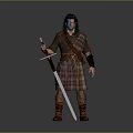 Warrior Character With Blue Face Paint Holding Sword In Kilt Attire