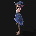 Fantasy Woman Character in Blue Star Patterned Dress with Hat and Magical Staff