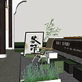 Japanese Garden Landscape With Outdoor Tea Seating Wooden Lanterns And Green Plants