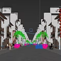 Chinese Style Commercial Street With White Walls Black Tiles Red Lanterns Pedestrians And Cars