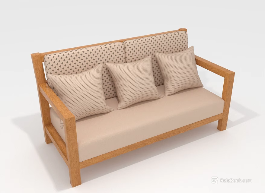 Multi-seat Sofa Wooden Frame Beige Cushion with Polka Dot Backrest and Three Pillows 3d model 