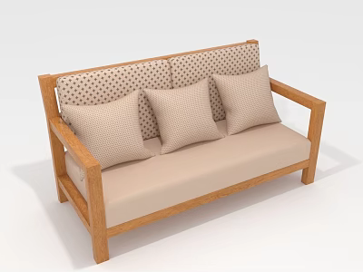 Multi-seat Sofa Wooden Frame Beige Cushion with Polka Dot Backrest and Three Pillows 3d model
