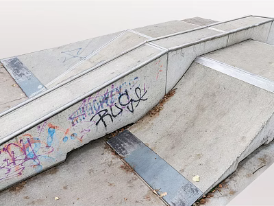 Outdoor Concrete Skate Ramp Area Featuring Colorful Graffiti Metal Strips And Dry Leaves 3d model
