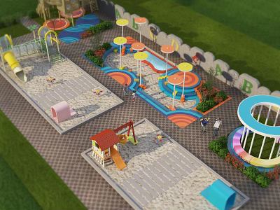 Colorful Children's Playground with Slides Swings and Umbrella Shades in Green Grass Area 3d model