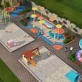 Colorful Children's Playground with Slides Swings and Umbrella Shades in Green Grass Area