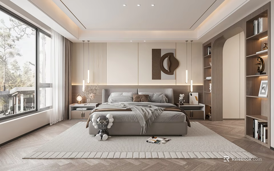 Modern Bedroom Interior With King Size Bed Area Rug Nightstands Table Lamps And Wall Art 3d model 
