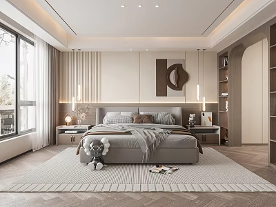 Modern Bedroom Interior With King Size Bed Area Rug Nightstands Table Lamps And Wall Art 3d model