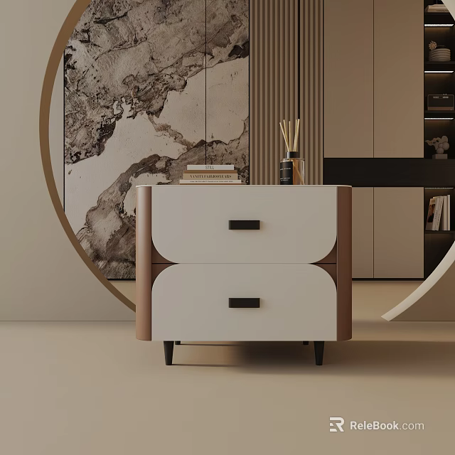 Modern Side Table With Two Drawers Beige Brown Finish Black Metal Legs Decorative Wall Art 3d model 