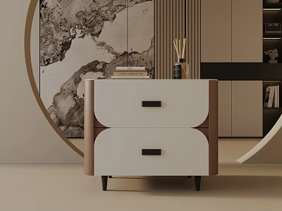 Modern Side Table With Two Drawers Beige Brown Finish Black Metal Legs Decorative Wall Art 3d model