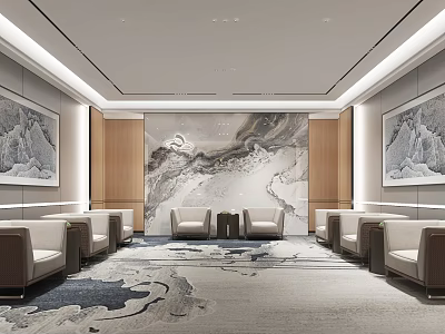 Modern Conference Room Interior With Marble Backdrop Wooden Panels And Decorative Carpet 3d model