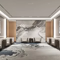 Modern Conference Room Interior With Marble Backdrop Wooden Panels And Decorative Carpet