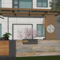 Courtyard Garden Entrance Design With Stone Wall Green Plants Wooden Door And Hanging Lantern