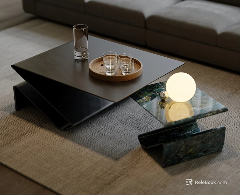 Modern Coffee Tables With Black Tray Top And Green Marble Base Including Glasses And Lamp 3d model 
