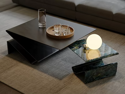 Modern Coffee Tables With Black Tray Top And Green Marble Base Including Glasses And Lamp 3d model