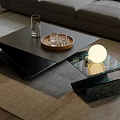 Modern Coffee Tables With Black Tray Top And Green Marble Base Including Glasses And Lamp