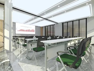 Modern Conference Room Interior Design With Long Tables Green Chairs And Projector Screen 3d model