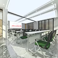 Modern Conference Room Interior Design With Long Tables Green Chairs And Projector Screen