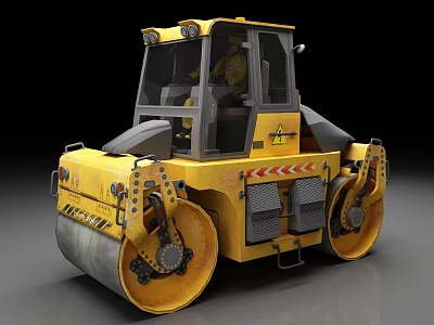 Heavy Duty Yellow Road Roller With Driver Cabin And Large Compaction Wheels 3d model