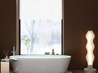 Modern White Freestanding Bathtub With Window Blinds Marble Texture Green Plant And Wavy Floor Lamp 3d model