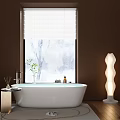 Modern White Freestanding Bathtub With Window Blinds Marble Texture Green Plant And Wavy Floor Lamp