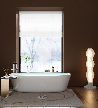 Modern White Freestanding Bathtub With Window Blinds Marble Texture Green Plant And Wavy Floor Lamp 3d model