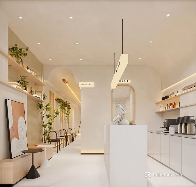 Minimalist Modern Bubble Tea Shop Interior With Plants And Counter 3d model 