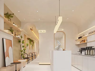 Minimalist Modern Bubble Tea Shop Interior With Plants And Counter 3d model