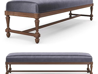 Classic Dark Blue Upholstered Bench With Wooden Frame And Carved Legs Design 3d model