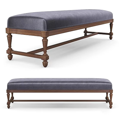 Classic Dark Blue Upholstered Bench With Wooden Frame And Carved Legs Design 3d model