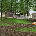 Outdoor Children's Playground With Wooden Climbing Structure Swing Green Trees And Grassy Area