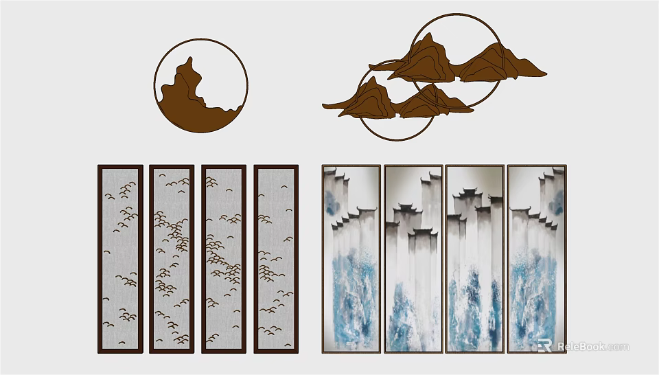 Chinese Style Wall Art Featuring Mountain Scenery Flying Birds Circular Design and Multiple Panels 3d model