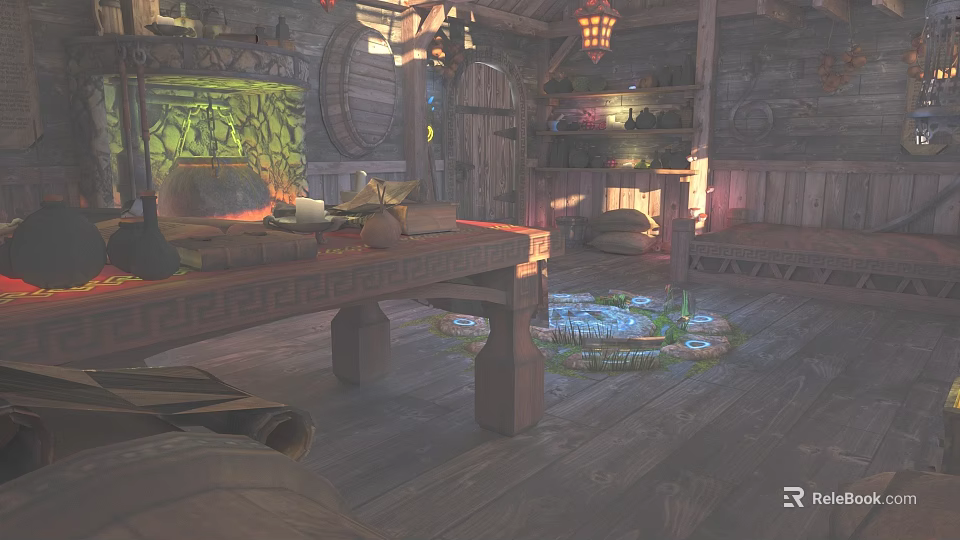 Rustic Apartment Interior With Wooden Tables Barrels And Glowing Green Elements 3d model 