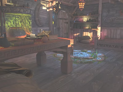 Rustic Apartment Interior With Wooden Tables Barrels And Glowing Green Elements 3d model