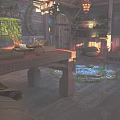 Rustic Apartment Interior With Wooden Tables Barrels And Glowing Green Elements