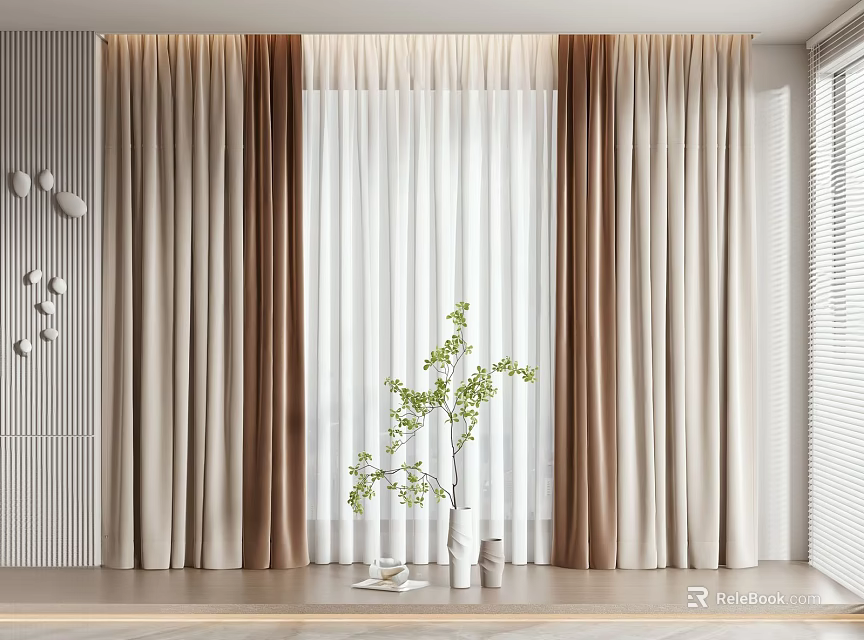 Modern Curtain Interior Design With Sheer Layers Neutral Tones And Green Plant Decor 3d model 