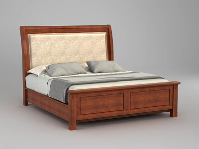 Modern Double Bed with Wooden Frame and Upholstered Headboard Light Colored Gray Pillows and Blanket 3d model