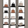 Stylish Leather Handbags In Various Colors Displayed On Glass Shelves