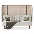 Modern Sofa With Wicker Frame Beige Cushions Multiple Pillows And Throw Blanket 3d model