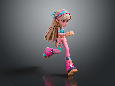 3D Animated Game Movie Character With Pink Blue Outfit Headband Long Hair Running Pose 3d model